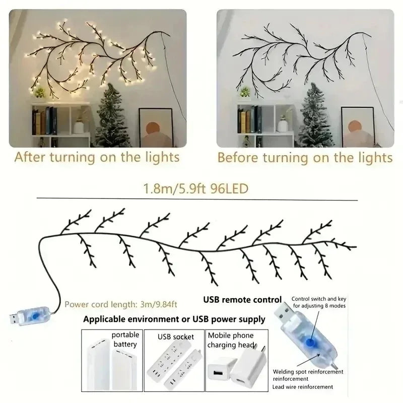 1PCS 96LED Tree and Vine Lamp USB/Solar Powered 8 Modes DIY Festive Tree Branch Lamp for Christmas Party Home Decorative Lights